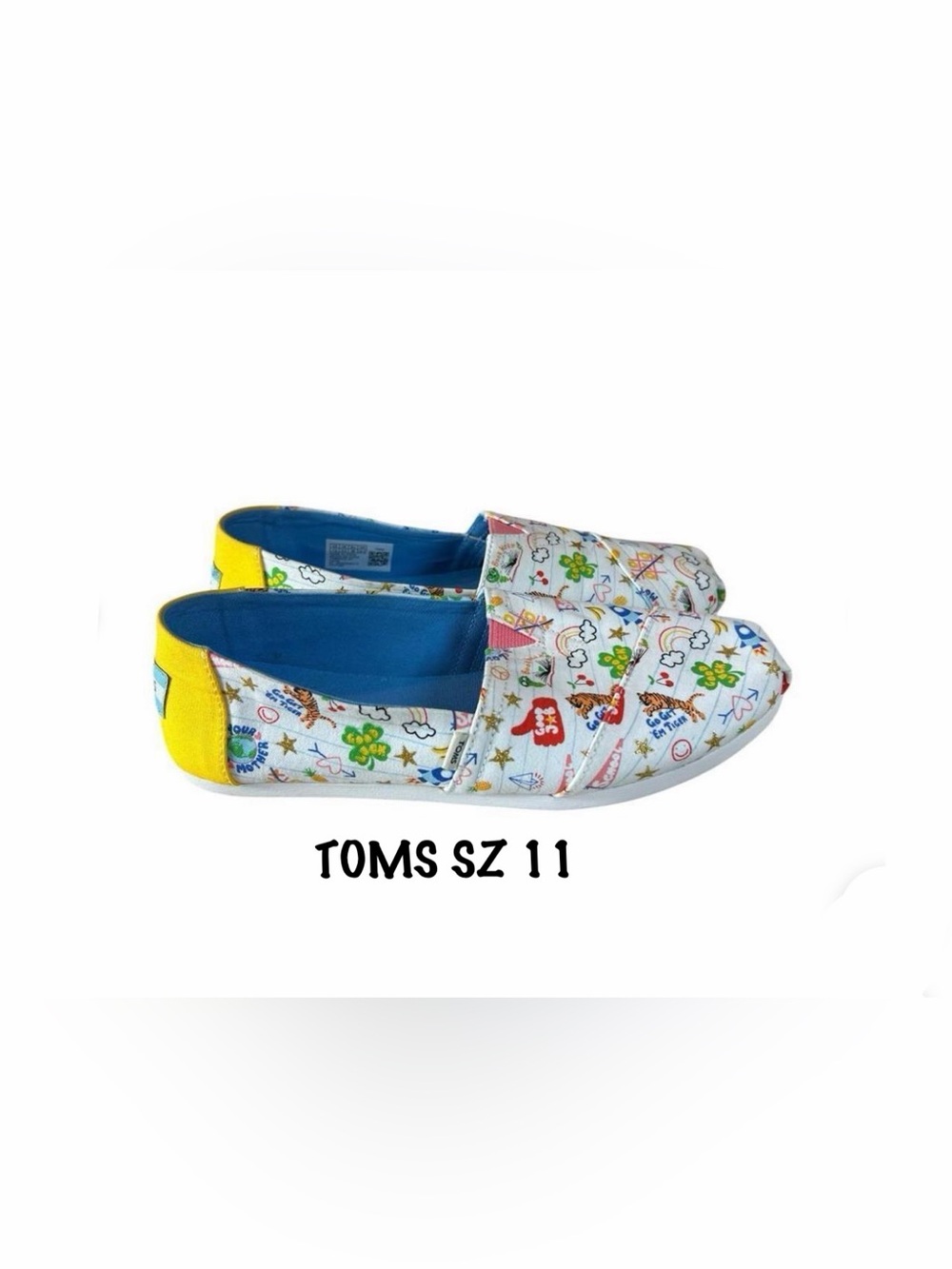 Toms Womens Printed Doodle Pad Canva Slip-Ons in White with Yellow and Blue